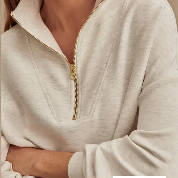 Varley Hawley Quarter Zip Sweatshirt in Ivory Marl - Picture 2 of 5